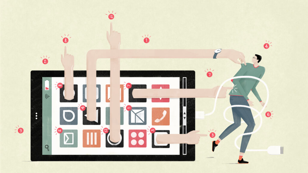 Subscription fatigue represented by apps on an oversized mobile phone with arms reachign out to a user.