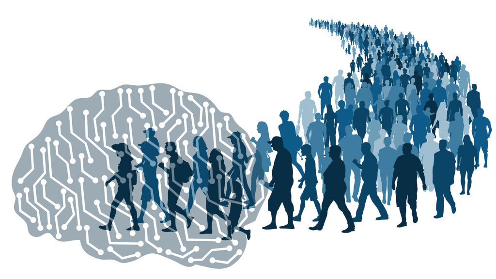 User adoption rate represented by a number of people in silhouette entering a digital landscape.