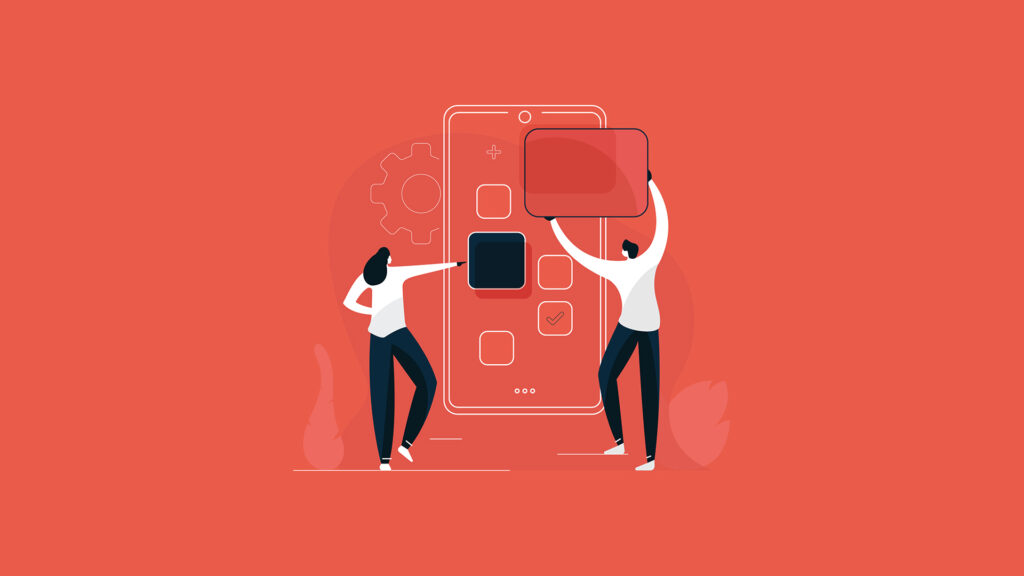 Stateless application represented by two software developers designing an app on a giant screen.