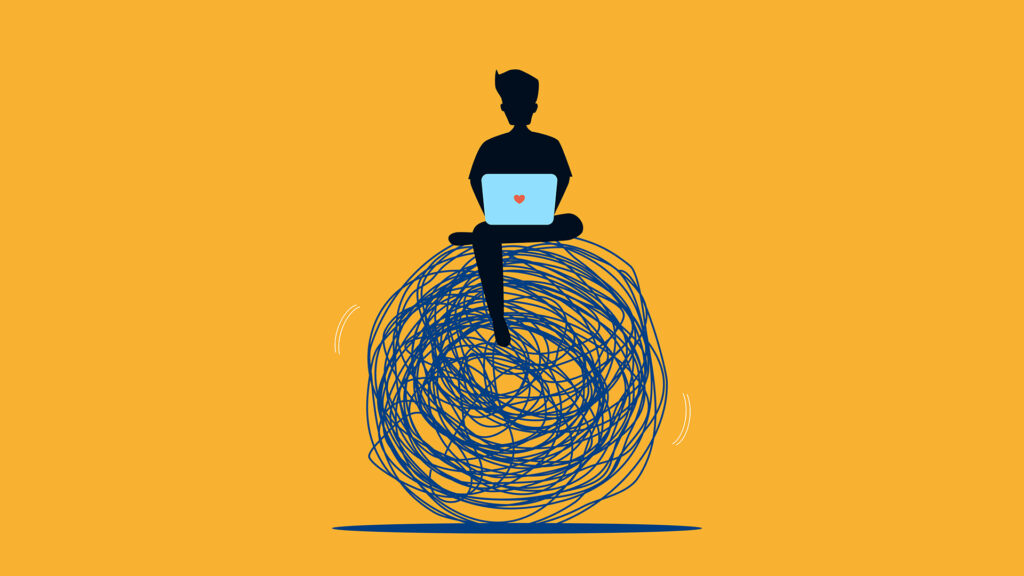 A person sits balanced and in control on top of a ball of tumbleweed, which represents data challenges.